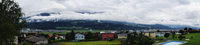Photograph of view from Hotel Huberhof over Inn River valley in Rum, Austria.
